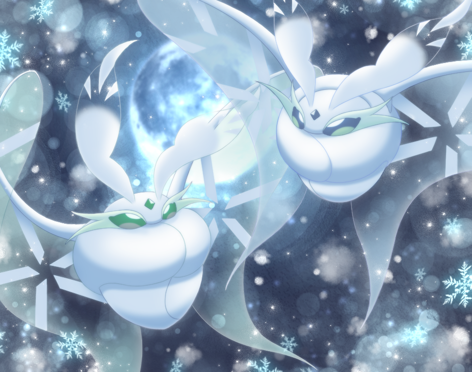 alternate_color commentary_request creature eye_contact flying frosmoth full_body full_moon gen_8_pokemon looking_at_another maiko_(mimi) moon no_humans outdoors pokemon pokemon_(creature) shiny_pokemon snowflakes white_theme