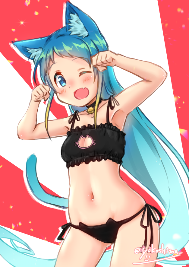 1girl animal_ears artist_name ass_visible_through_thighs bangs bell bell_choker bell_collar black_bra black_panties blonde_hair blue_eyes blue_hair blush bra breasts cat_cutout cat_day cat_ear_panties cat_ears cat_girl cat_lingerie cat_tail choker cleavage_cutout collar commentary_request eyebrows_visible_through_hair fang frilled_bra frills gradient_hair jingle_bell kantai_collection long_hair looking_at_viewer meme_attire multicolored_hair one_eye_closed open_mouth panties paw_pose samidare_(kantai_collection) side-tie_panties sidelocks skin_fang small_breasts solo swept_bangs tail underwear underwear_only very_long_hair yokoshima_(euphoria)