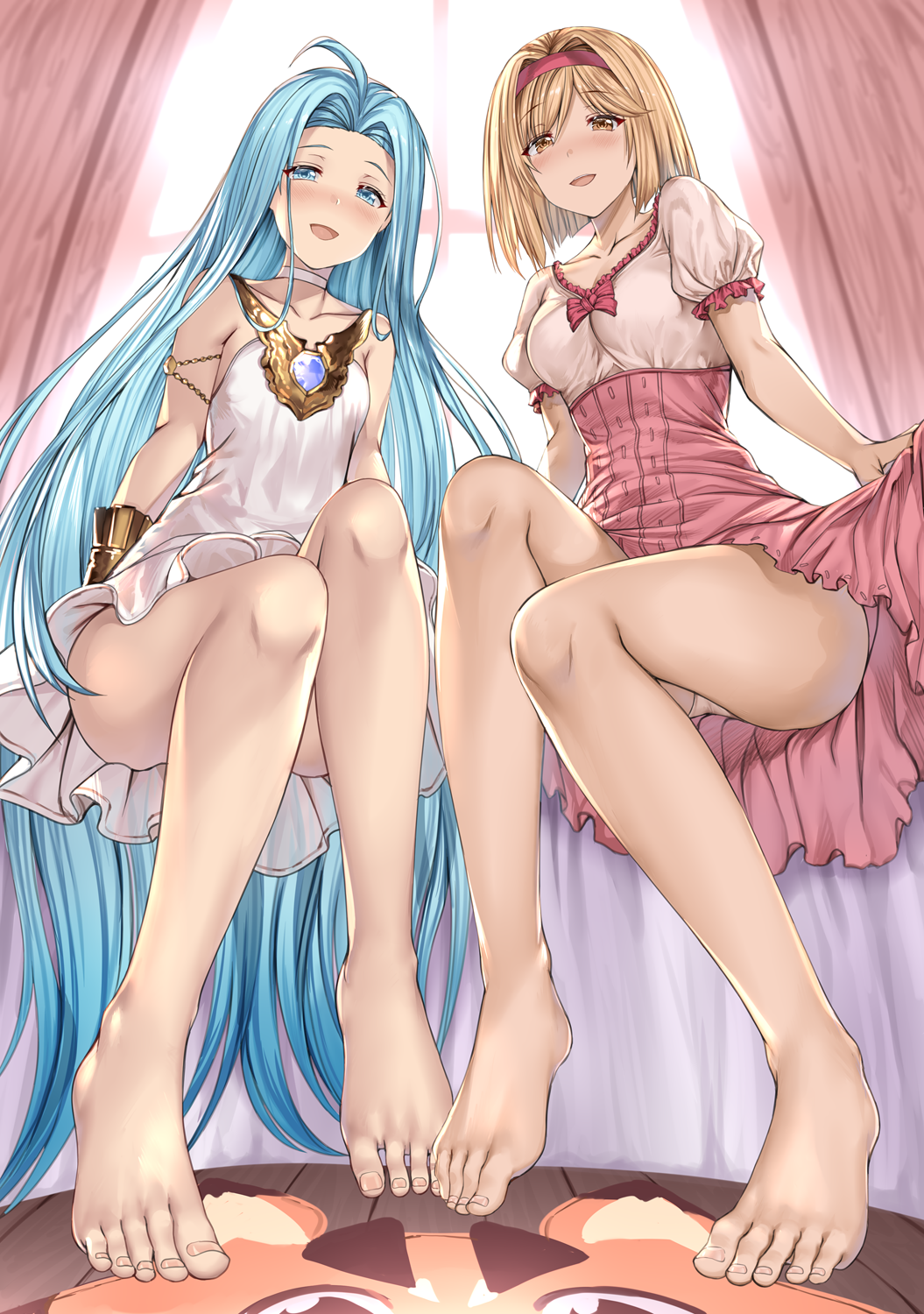 2girls :d ahoge aldehyde backlighting bangs bare_shoulders barefoot blonde_hair blue_eyes blue_hair blush bow bracer breasts brown_eyes chain choker collarbone curtains djeeta_(granblue_fantasy) dress feet fighter_(granblue_fantasy) forehead granblue_fantasy hairband highres legs long_hair looking_at_viewer lyria_(granblue_fantasy) medium_breasts multiple_girls open_mouth panties parted_bangs pink_bow pink_dress puffy_short_sleeves puffy_sleeves short_hair short_sleeves sitting small_breasts smile swept_bangs toes underwear very_long_hair white_dress window