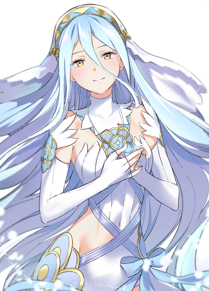 1girl azura_(fire_emblem) blue_hair closed_mouth dress elbow_gloves fingerless_gloves fire_emblem fire_emblem_fates gloves jewelry long_hair misu_kasumi necklace simple_background smile solo white_background white_gloves yellow_eyes