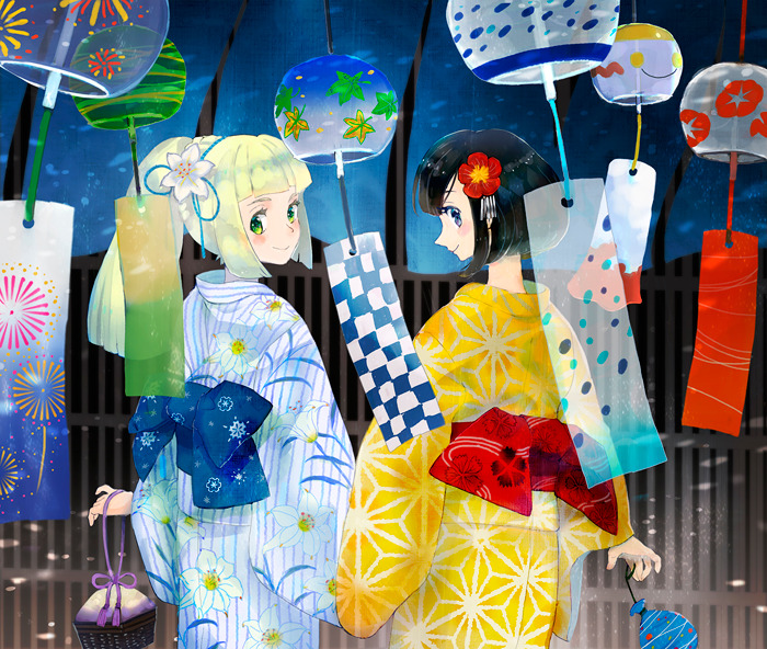 2girls black_hair blonde_hair blue_ribbon blush chimecho closed_mouth commentary english_commentary floral_print flower gen_3_pokemon hair_flower hair_ornament holding horocca japanese_clothes kimono lillie_(pokemon) long_hair looking_at_viewer looking_back mizuki_(pokemon) multiple_girls pokemon pokemon_(game) pokemon_sm ponytail red_ribbon ribbon short_hair smile water_balloon wind_chime yukata
