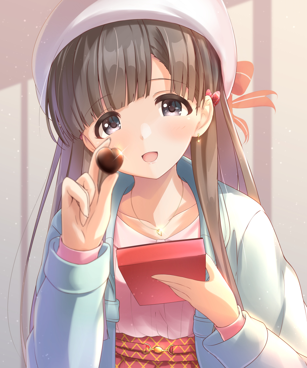 1girl :d =d akisaka_yamoka bangs beret black_eyes black_hair blue_jacket blunt_bangs blush bow box_of_chocolates candy chocolate collarbone earrings eyebrows_visible_through_hair food hair_bow hair_over_shoulder hat heart highres holding_chocolate idolmaster idolmaster_cinderella_girls jacket jewelry kobayakawa_sae long_hair long_sleeves looking_at_viewer necklace open_clothes open_jacket open_mouth pink_shirt red_bow shirt shirt_tucked_in smile solo sunlight upper_body valentine white_headwear