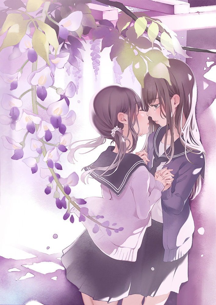 2girls bangs black_neckwear black_sailor_collar black_skirt blush brown_hair cardigan commentary_request eyebrows_visible_through_hair facing_another flower grey_eyes hair_flower hair_ornament holding_hands imminent_kiss interlocked_fingers long_hair long_sleeves looking_at_another low_twintails millcutto multiple_girls open_cardigan open_clothes original parted_lips pleated_skirt purple_cardigan purple_flower sailor_collar school_uniform serafuku shirt skirt sleeves_past_wrists twintails white_cardigan white_flower white_shirt yuri