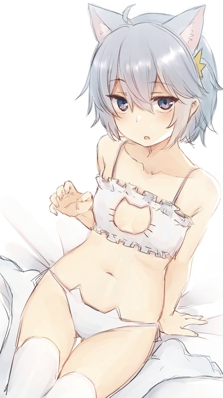 1girl ahoge animal_ear_fluff animal_ears ass_visible_through_thighs bangs bare_arms bare_shoulders bed_sheet bra breasts cat_cutout cat_ear_panties cat_ears cat_lingerie cleavage_cutout collarbone eyebrows_visible_through_hair frilled_bra frills grey_eyes grey_hair hair_between_eyes hair_ornament highres looking_at_viewer meme_attire nagami_yuu navel no_shoes original panties parted_lips side-tie_panties sitting small_breasts solo thigh-highs thigh_gap underwear underwear_only white_bra white_legwear white_panties