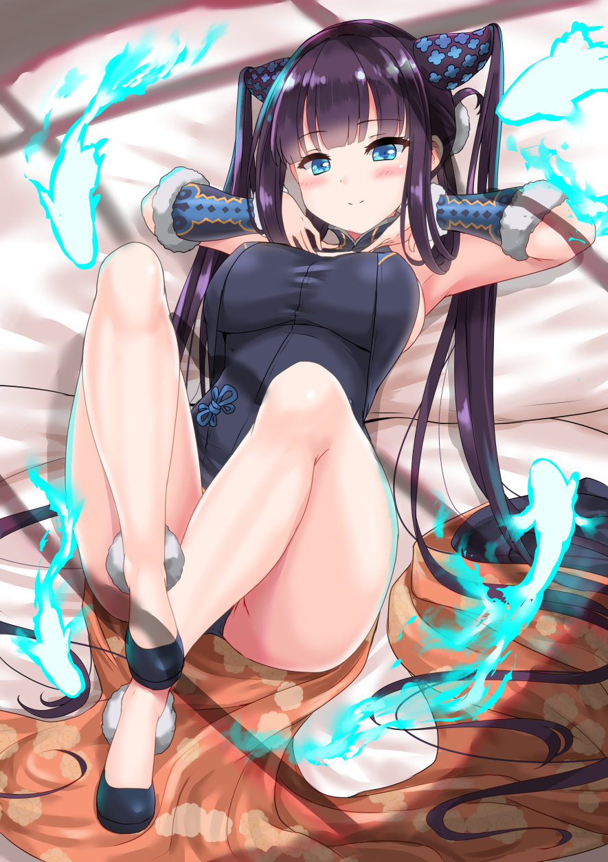 1girl ass bangs bare_shoulders black_dress black_footwear blue_eyes blue_fire blunt_bangs blush breasts china_dress chinese_clothes closed_mouth detached_sleeves dress fate/grand_order fate_(series) fire fish floral_print hair_ornament hands_on_own_chest high_heels highres knees_up large_breasts legs long_hair looking_at_viewer lying miyuki_rei on_back purple_hair sidelocks smile solo twintails very_long_hair yang_guifei_(fate/grand_order)