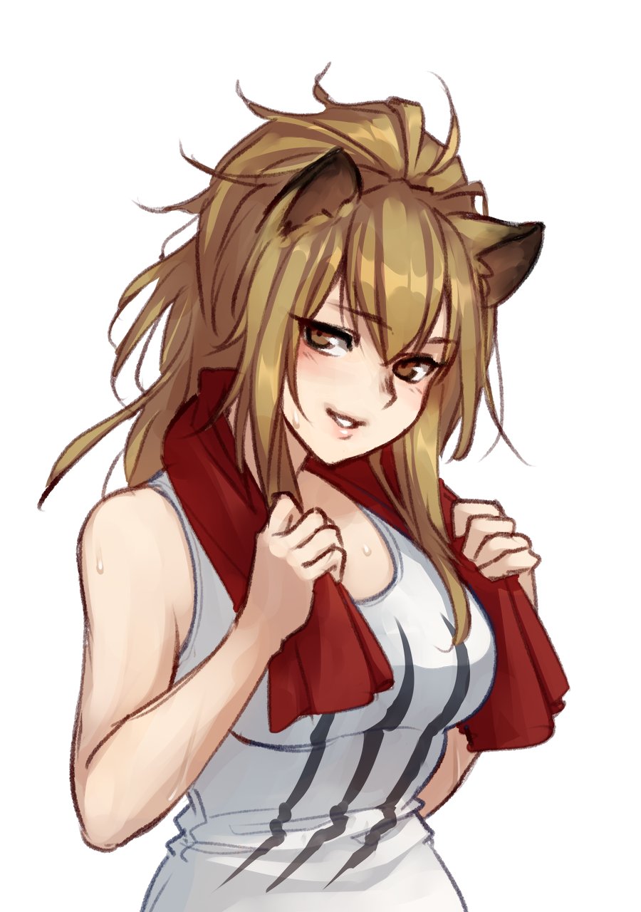 1girl animal_ear_fluff animal_ears arknights bangs bare_arms bare_shoulders brown_eyes brown_hair commentary english_commentary eyebrows_visible_through_hair eyes_visible_through_hair hair_between_eyes highres lion_ears long_hair looking_at_viewer monorus parted_lips red_towel siege_(arknights) simple_background smile solo sweat towel towel_around_neck upper_body white_background white_tank_top