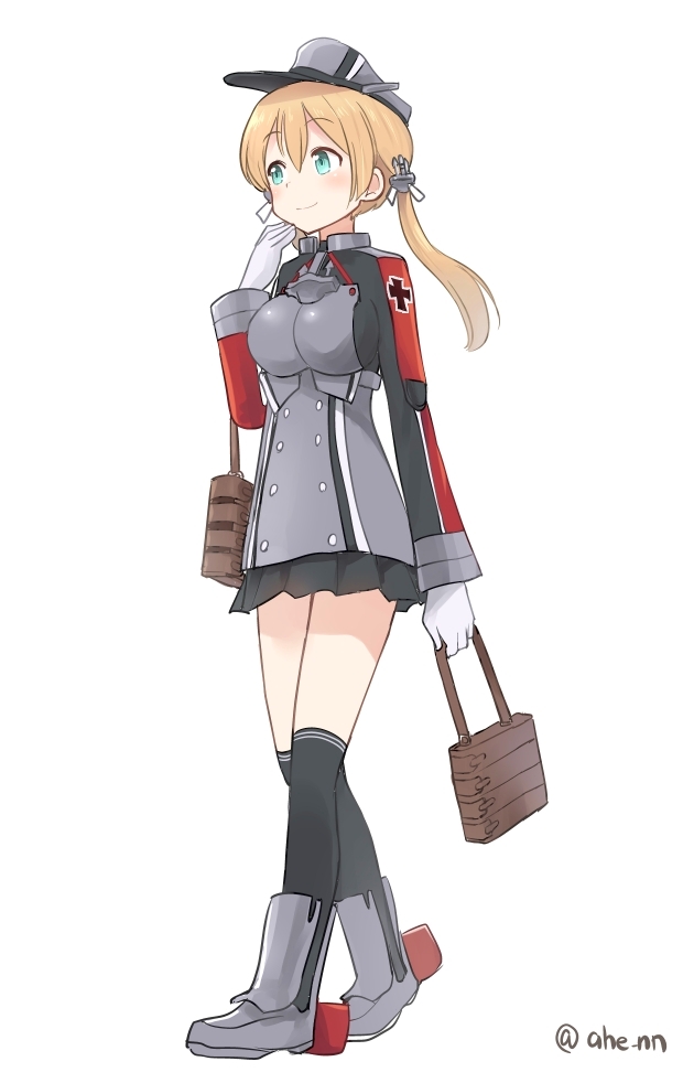 1girl ahenn aqua_eyes bag black_legwear black_skirt blonde_hair blush commentary_request eyebrows_visible_through_hair full_body gloves hair_between_eyes hat holding holding_bag kantai_collection long_hair long_sleeves low_twintails military military_uniform peaked_cap pleated_skirt prinz_eugen_(kantai_collection) simple_background skirt smile solo thigh-highs twintails twitter_username uniform white_background white_gloves
