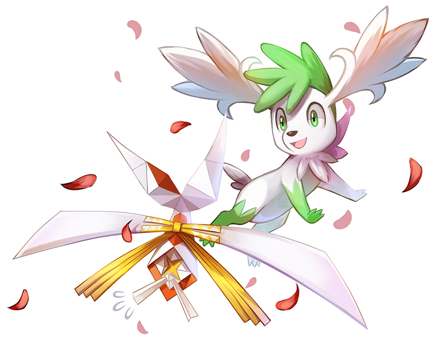 :d commentary conmimi creature english_commentary flying full_body gen_4_pokemon gen_7_pokemon green_eyes kartana looking_at_another no_humans open_mouth petals pokemon pokemon_(creature) shaymin shaymin_(sky) simple_background smile ultra_beast white_background