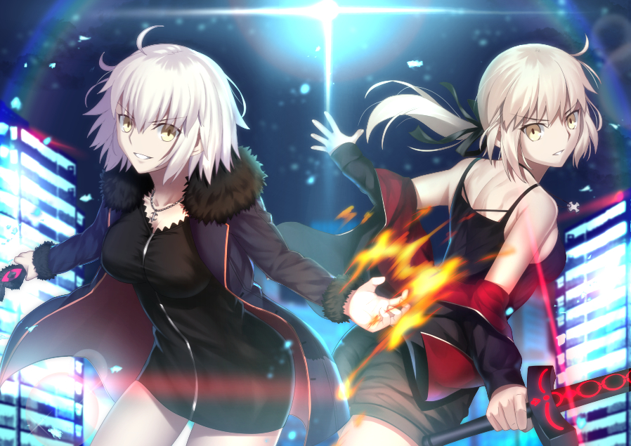 2girls artoria_pendragon_(all) bangs bare_shoulders black_camisole black_dress black_jacket black_shorts blue_jacket breasts brown_eyes camisole commentary_request dark_excalibur dress eyebrows_visible_through_hair fate/grand_order fate/stay_night fate_(series) fur-trimmed_jacket fur-trimmed_sleeves fur_trim hair_between_eyes holding holding_sword holding_weapon jacket jeanne_d'arc_(alter)_(fate) jeanne_d'arc_(fate)_(all) jet_black_king_of_knights_ver._shinjuku_1999 light_brown_hair long_hair long_sleeves looking_at_viewer looking_back low_ponytail medium_breasts mishiro0229 multiple_girls open_clothes open_jacket parted_lips ponytail saber_alter short_shorts shorts sleeves_past_wrists smile sword v-shaped_eyebrows weapon white_hair wicked_dragon_witch_ver._shinjuku_1999