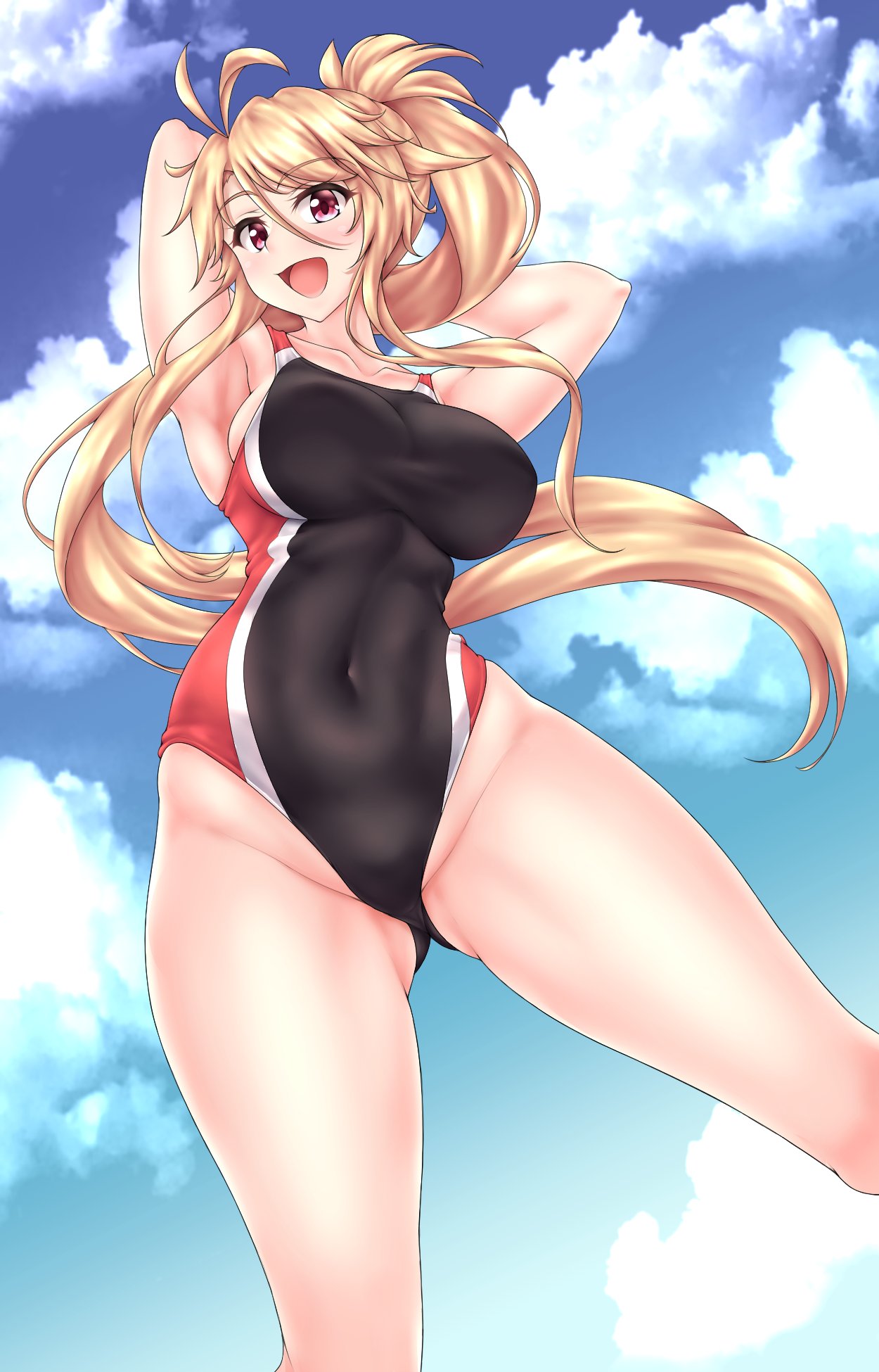 1girl armpits bare_thighs blonde_hair blue_sky breasts clouds commentary competition_swimsuit covered_navel feet_out_of_frame hiballista highleg highleg_swimsuit highres large_breasts long_hair one-piece_swimsuit open_mouth original red_eyes sideboob sky swimsuit twintails