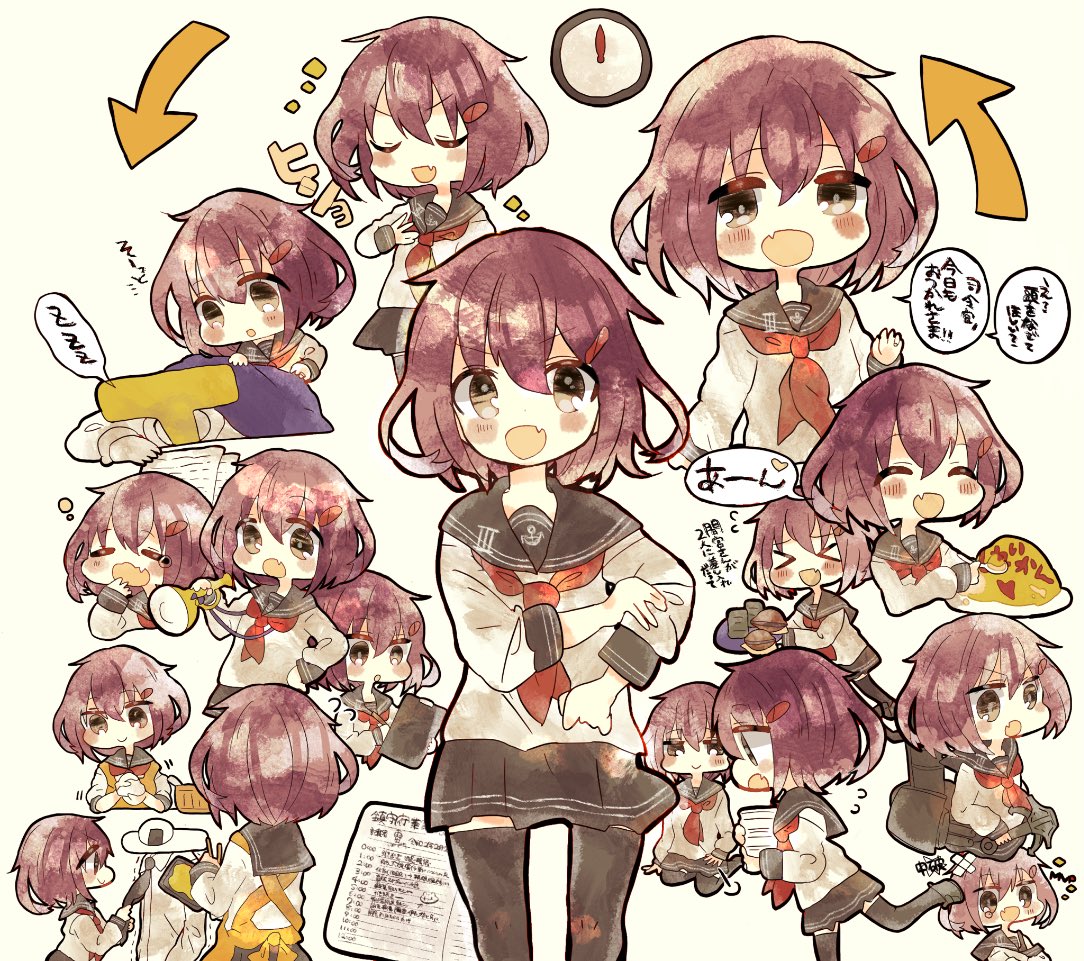 &gt;_&lt; 1girl anchor apron bangs blush clipboard closed_eyes cup fang food hair_ornament hairclip heart ikazuchi_(kantai_collection) kantai_collection long_sleeves mika_(hh7) multiple_views neckerchief omelet onigiri open_mouth red_neckwear rigging sailor_collar school_uniform serafuku short_hair simple_background sitting skin_fang t-head_admiral translation_request yawning yellow_apron yunomi