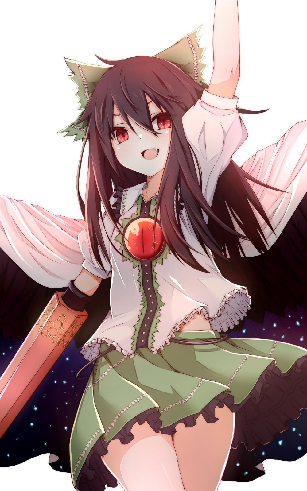1girl arm_cannon arm_up bow brown_hair cape cowboy_shot fang green_bow green_skirt hair_between_eyes hair_bow highres long_hair looking_at_viewer miniskirt nankotsu open_mouth puffy_short_sleeves puffy_sleeves red_eyes reiuji_utsuho shirt short_sleeves simple_background skirt smile solo third_eye touhou weapon white_background white_shirt