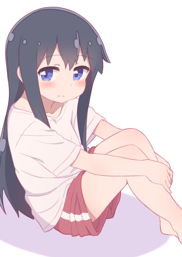 1girl black_hair blue_eyes blush hatafuta knees_up leg_hug long_hair loose_clothes red_shorts shirosaki_hana shorts sitting solo watashi_ni_tenshi_ga_maiorita! white_background