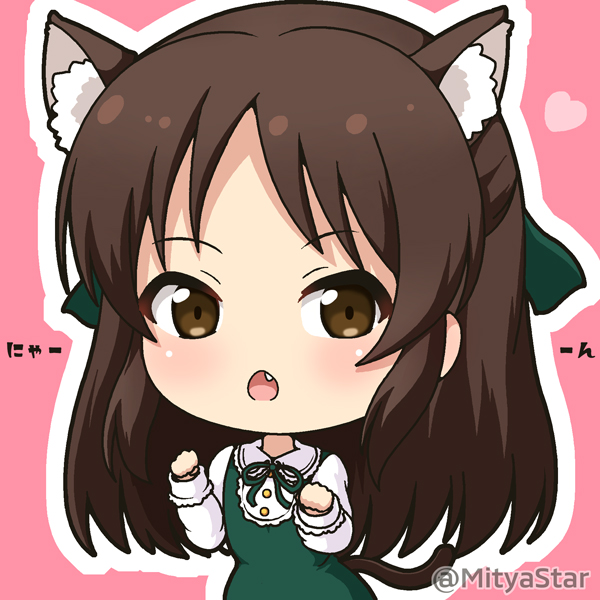 1girl :o animal_ear_fluff animal_ears bangs big_head blush brown_eyes brown_hair cat_ears cat_girl cat_tail chibi collared_shirt commentary_request dress eyebrows_visible_through_hair fang green_dress green_ribbon hair_ribbon hands_up heart idolmaster idolmaster_cinderella_girls kemonomimi_mode long_hair miicha neck_ribbon open_mouth outline parted_bangs paw_pose pink_background ribbon shirt sleeveless sleeveless_dress solo tachibana_arisu tail twitter_username upper_body white_outline white_shirt