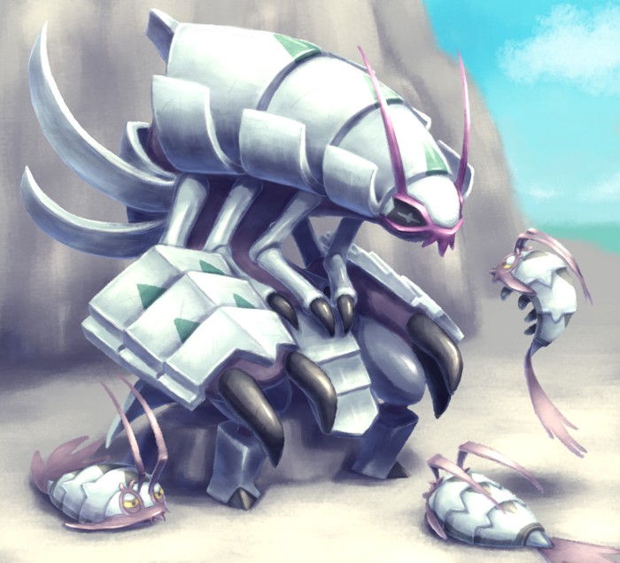 antennae blue_sky claws commentary_request creature day eye_contact full_body gen_7_pokemon golisopod looking_at_another mijinko_(barabadge) mountain no_humans outdoors pokemon pokemon_(creature) sand shadow sky standing wimpod