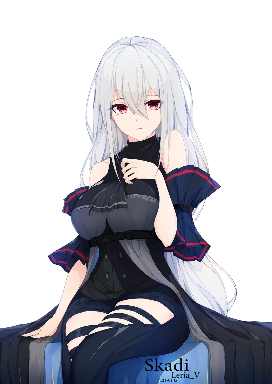 1girl arknights bare_shoulders belt black_belt black_pants black_sleeves blush breasts chaps eyebrows_visible_through_hair grey_hair highres large_breasts leria_v long_hair looking_at_viewer open_mouth pants red_eyes simple_background skadi_(arknights) smile solo thigh_cutout white_background white_hair