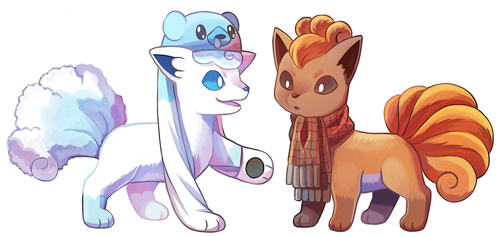 alolan_and_normal alolan_form alolan_vulpix blue_eyes brown_eyes commentary conmimi creature cubchoo english_commentary eye_contact full_body gen_1_pokemon gen_5_pokemon gen_7_pokemon looking_at_another no_humans pokemon pokemon_(creature) simple_background standing vulpix white_background