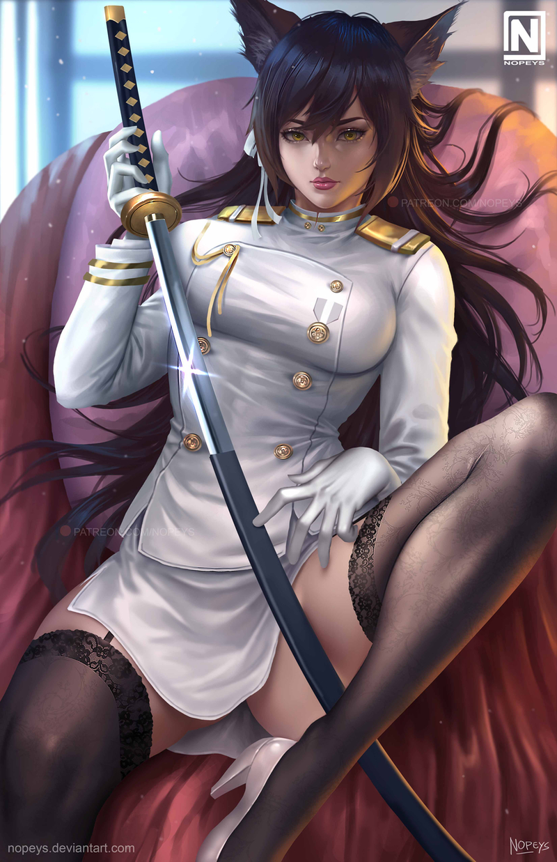 1girl aiguillette animal_ears atago_(azur_lane) azur_lane bangs black_hair black_legwear breasts brown_eyes brown_hair closed_mouth double-breasted garter_straps glint gloves hair_between_eyes high_heels highres holding holding_sword holding_weapon lace large_breasts long_hair military military_uniform miniskirt multicolored_hair norman_de_mesa red_lips ribbon sheath shine side_slit sitting skirt swept_bangs sword thigh-highs thighs uniform weapon white_gloves white_ribbon white_skirt