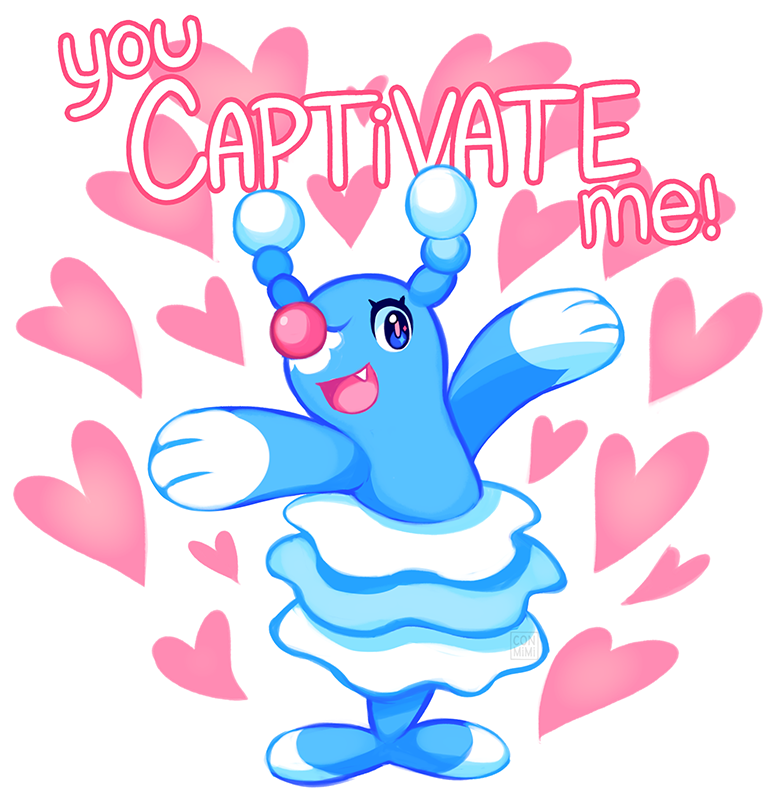 :d blue_eyes brionne commentary conmimi creature english_commentary english_text fang full_body gen_7_pokemon happy heart heart_background looking_at_viewer no_humans open_mouth pokemon pokemon_(creature) smile solo text_focus white_background