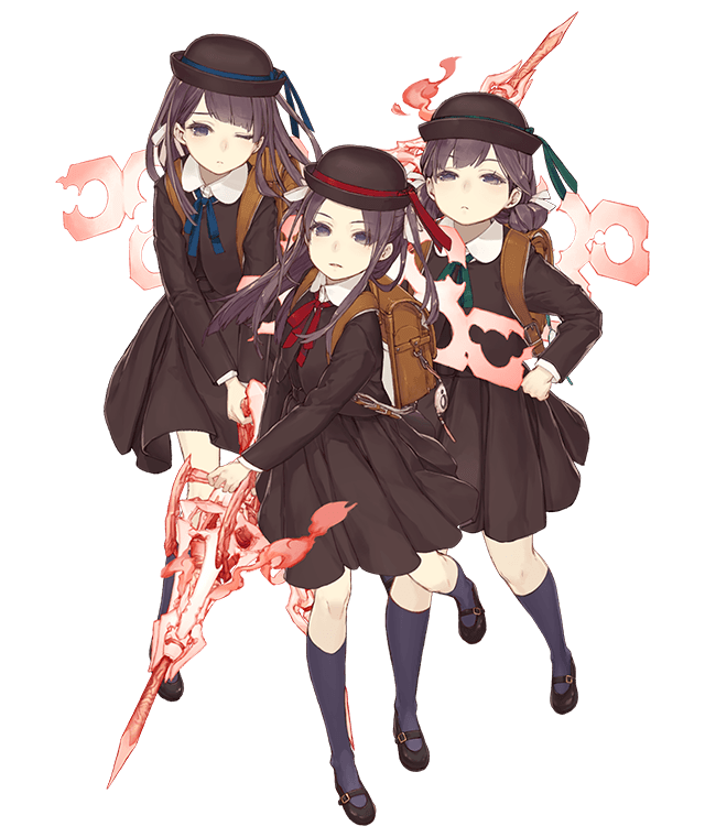 3girls backpack bag eyebrows_visible_through_hair full_body half-closed_eyes hat ji_no kneehighs long_hair looking_at_viewer mary_janes multiple_girls official_art one_eye_closed reality_arc_(sinoalice) ribbon school_uniform shoes sinoalice three_little_pigs_(sinoalice) transparent_background