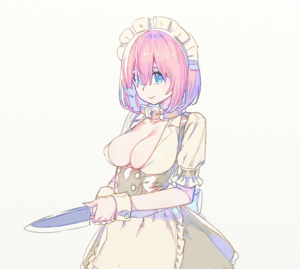 1girl belt_collar black_dress blue_eyes breasts closed_mouth collar copyright_request covered_nipples double-breasted dress hair_over_one_eye holding holding_knife knife large_breasts looking_at_viewer maid_headdress nagisa_kurousagi pink_hair shirt short_hair short_sleeves solo standing suspenders two-handed white_shirt