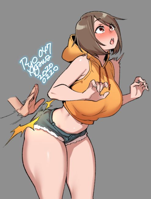 1girl 2020 :o agawa_ryou bare_shoulders blush breasts brown_eyes brown_hair dated denim denim_shorts english_commentary grey_background large_breasts midriff navel open_mouth original short_hair short_shorts shorts signature simple_background spanking thick_thighs thighs yellow_hoodie