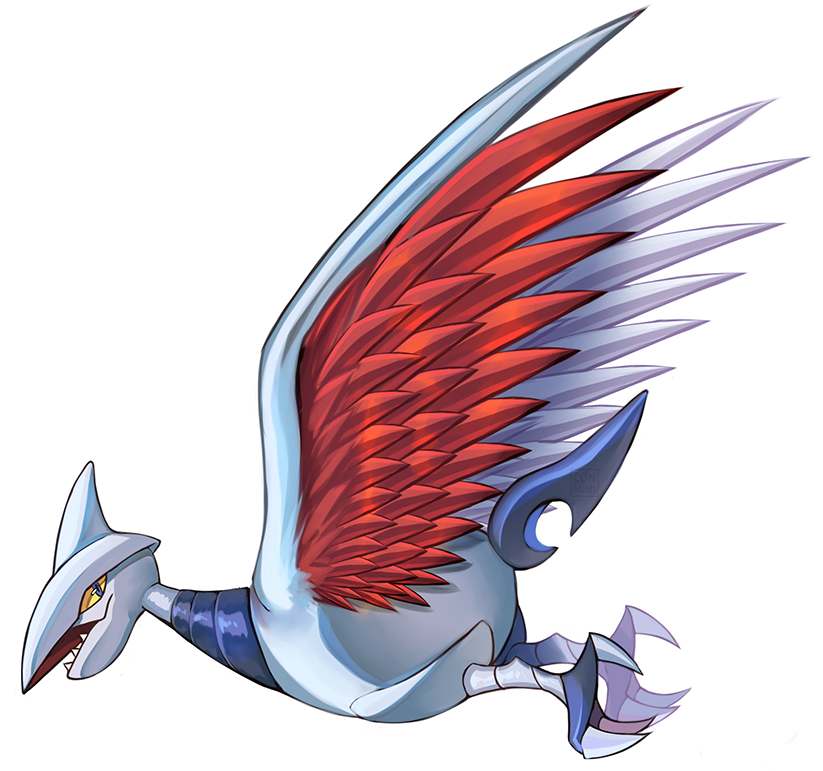 bird bird_focus blue_eyes claws commentary conmimi creature english_commentary flying full_body gen_2_pokemon horn no_humans pokemon pokemon_(creature) sharp_teeth simple_background skarmory solo teeth white_background yellow_sclera