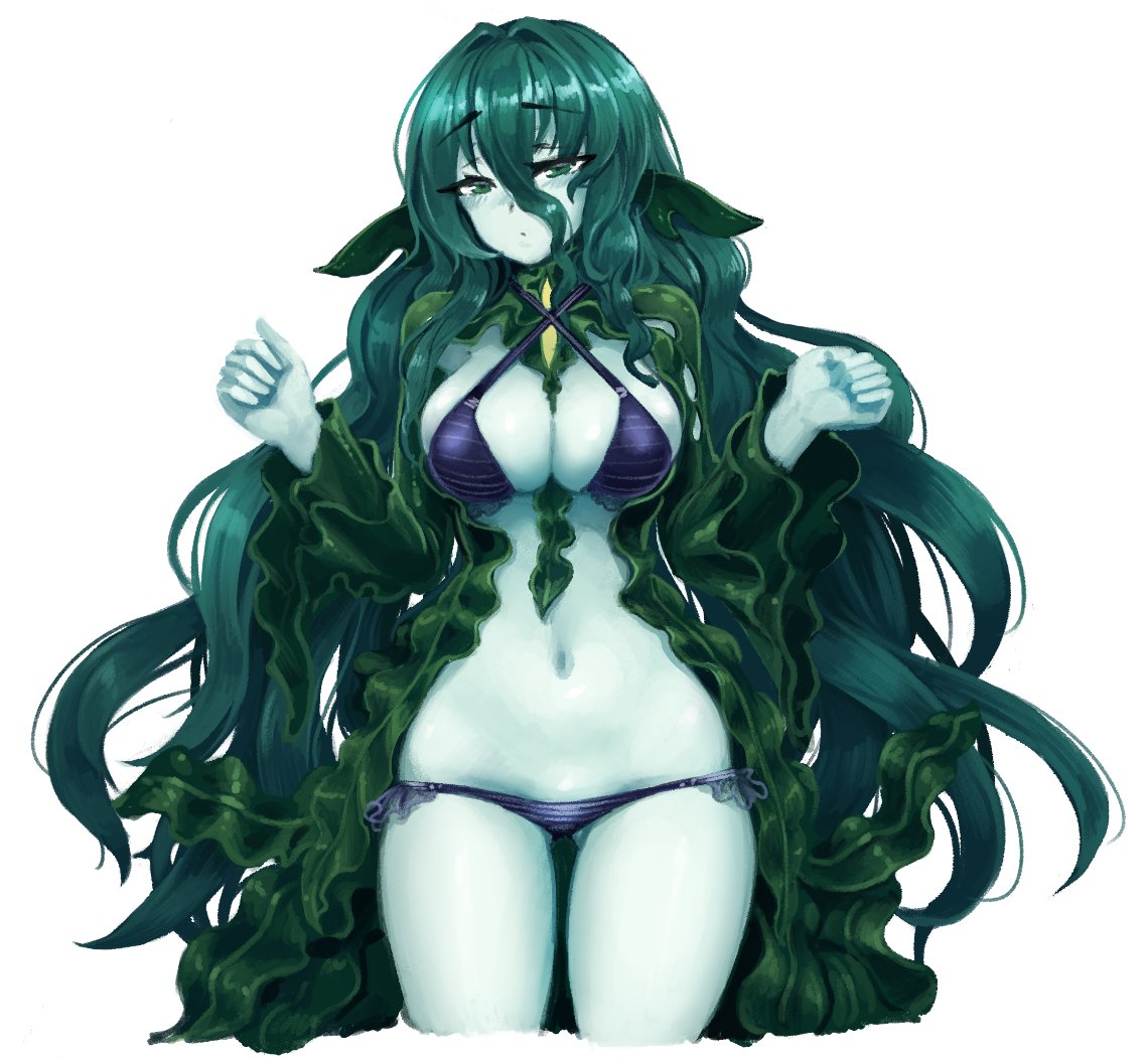 1girl ass_visible_through_thighs bangs barbariank bikini blush breasts commentary cowboy_shot cropped_legs dark_green_hair english_commentary eyebrows_visible_through_hair eyes_visible_through_hair flow_kelp green_eyes green_hair green_skin hair_between_eyes hair_spread_out hands_up large_breasts long_hair looking_at_viewer monster_girl_encyclopedia navel pale_skin purple_bikini seaweed simple_background solo swimsuit very_long_hair wavy_hair white_background