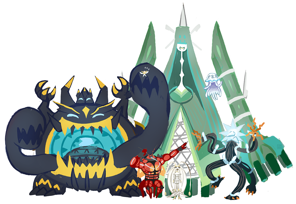 antennae buzzwole celesteela commentary conmimi creature english_commentary floating full_body gen_7_pokemon guzzlord kartana nihilego no_humans pheromosa pokemon pokemon_(creature) pose simple_background size_difference standing standing_on_one_leg ultra_beast white_background xurkitree