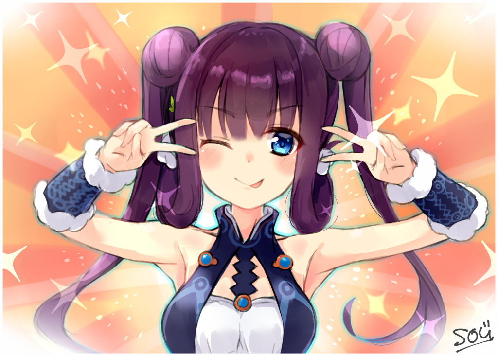 1girl bangs blue_eyes blunt_bangs blush breasts chinese_clothes double_bun double_v dress emotional_engine_-_full_drive eyebrows_visible_through_hair fate/grand_order fate_(series) hair_ornament long_hair medium_breasts one_eye_closed purple_hair sidelocks signature smile solo sou_(soutennkouchi) sparkle tongue upper_body v yang_guifei_(fate/grand_order)