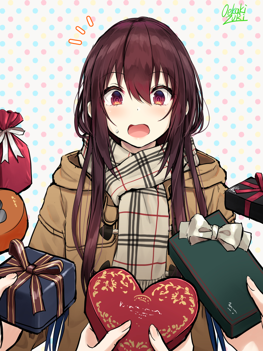 1girl bangs blush box coat gift gift_box heart-shaped_box highres hood hood_down hooded_coat long_hair notice_lines oekakizuki open_mouth original out_of_frame plaid plaid_scarf polka_dot polka_dot_background purple_hair ribbon scarf sidelocks signature solo_focus sweatdrop violet_eyes