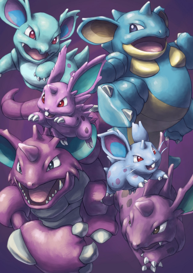 black_eyes claws creature gen_1_pokemon horn horns jumping looking_at_another mijinko_(barabadge) nidoking nidoqueen nidoran nidoran_(female) nidoran_(male) nidorina nidorino no_humans pokemon pokemon_(creature) purple_background red_eyes simple_background walking