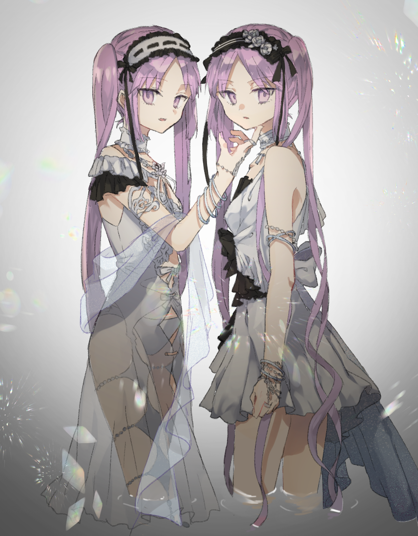 2girls bracelet chibirisu euryale_(fate) euryale_(third_ascension)_(fate) fate/hollow_ataraxia fate_(series) hand_on_another's_chin jewelry multiple_girls purple_hair siblings standing stheno_(fate) stheno_(third_ascension)_(fate) twins twintails violet_eyes wading