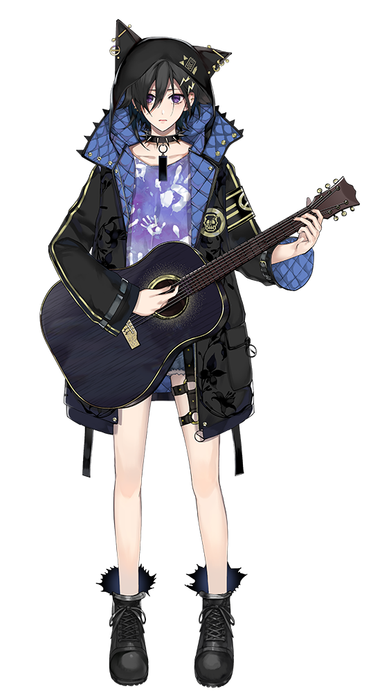 1boy animal_ears black_footwear black_hair collar collarbone full_body guitar hair_between_eyes hand_print holding holding_instrument holostars hood hood_up hoodie instrument kanade_izuru looking_at_viewer male_focus music o-ring official_art playing_instrument shoes solo spiked_collar spikes standing tcb transparent_background violet_eyes virtual_youtuber