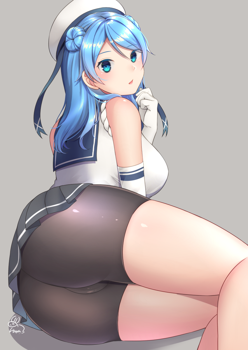 1girl ass bike_shorts blue_eyes blue_hair blue_sailor_collar breasts double_bun elbow_gloves eyebrows_visible_through_hair gloves gradient gradient_background grey_background hair_between_eyes hat highres kantai_collection large_breasts long_hair looking_at_viewer neckerchief open_mouth pleated_skirt sailor_collar sailor_hat school_uniform serafuku shadow sitting skirt sleeves_rolled_up smile solo twitter_username unoshima_kanaka urakaze_(kantai_collection) white_gloves white_headwear