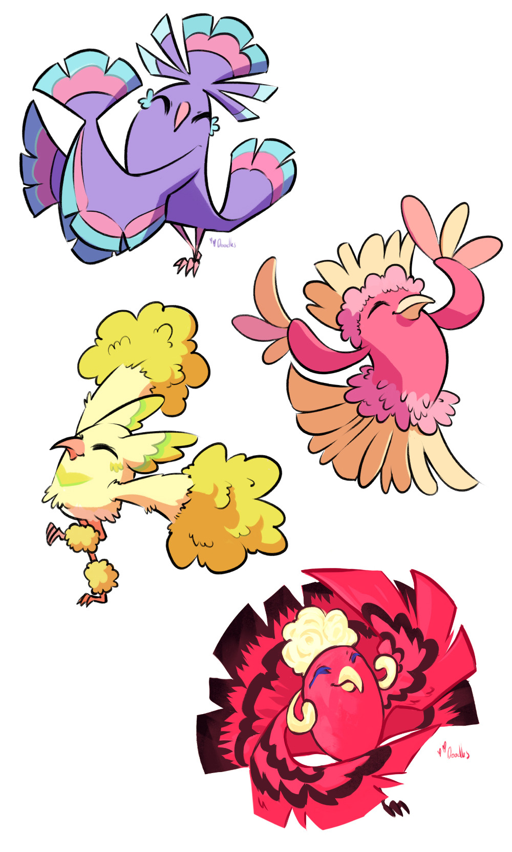 ^_^ bird bird_focus closed_eyes commentary creature dancing english_commentary facing_viewer full_body gen_7_pokemon happy highres no_humans oricorio oricorio_(baile) oricorio_(pa'u) oricorio_(pom-pom) oricorio_(sensu) pokemon pokemon_(creature) signature simple_background tintreas white_background