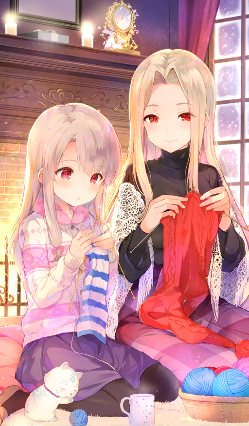 2girls :o analog_clock bangs black_shirt blush candle clock commentary craft_essence fate/grand_order fate_(series) frosted_glass illyasviel_von_einzbern irisviel_von_einzbern irisviel_von_einzbern_(caster) knit_the_love knitting knitting_needle long_hair looking_at_viewer mantle_clock mother_and_daughter multiple_girls needle official_art parted_bangs pink_sweater plaid plaid_skirt purple_skirt red_eyes sakura_koharu scarf shirou_(fate/grand_order) shirt silver_hair sitonai sitting skirt smile snow striped striped_sweater sweater turtleneck wariza window yarn yarn_ball