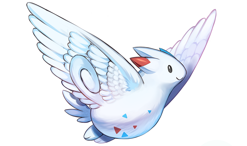 bird bird_focus black_eyes closed_mouth commentary conmimi creature english_commentary flying full_body gen_4_pokemon no_humans pokemon pokemon_(creature) simple_background smile solo togekiss white_background