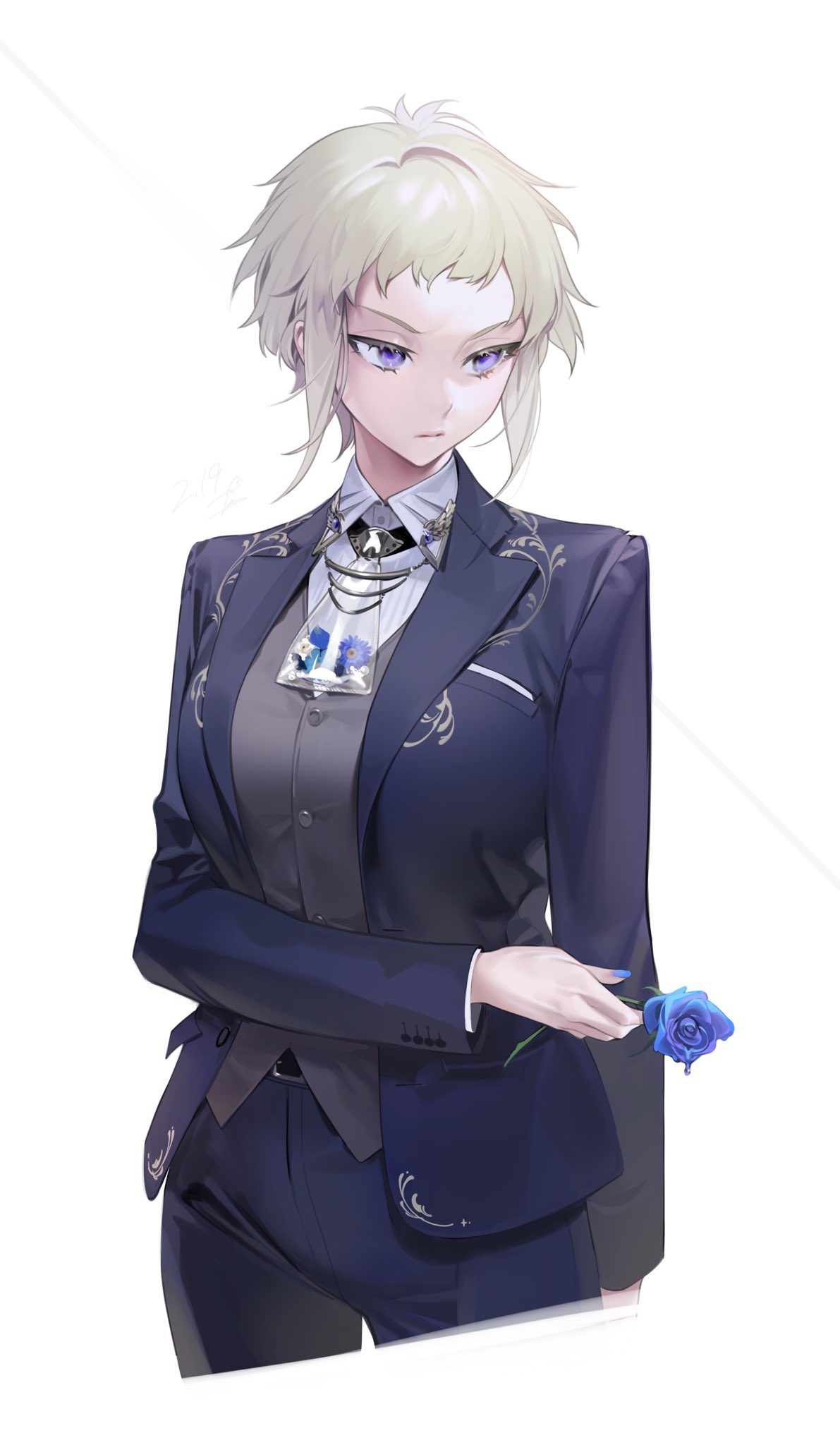 1girl arm_across_waist arm_at_side belt blonde_hair blue_flower blue_nails breasts buckle buttons closed_mouth collared_shirt commentary_request cowboy_shot dated fingernails flower formal highres holding holding_flower jacket large_breasts looking_away ohisashiburi original pant_suit shirt short_hair sidelocks signature simple_background solo standing suit transparent_necktie vest violet_eyes white_background