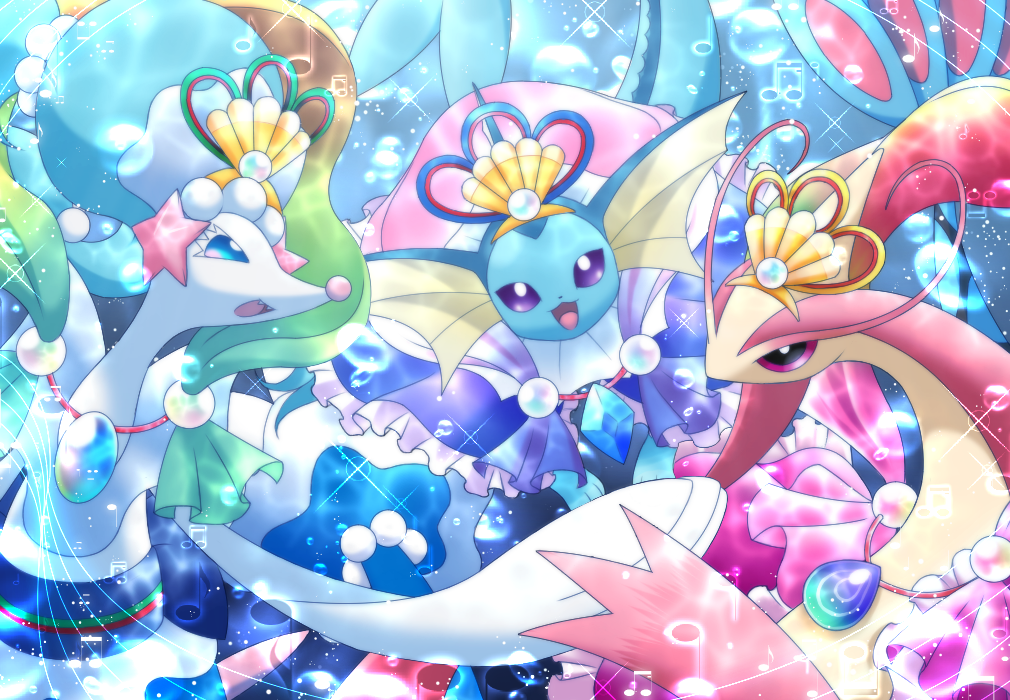 :d blue_eyes bubble commentary_request creature crown eye_contact eyelashes gen_1_pokemon gen_3_pokemon gen_7_pokemon happy looking_at_another maiko_(mimi) milotic no_humans ocean open_mouth pokemon pokemon_(creature) primarina seashell shell smile sparkle underwater vaporeon violet_eyes