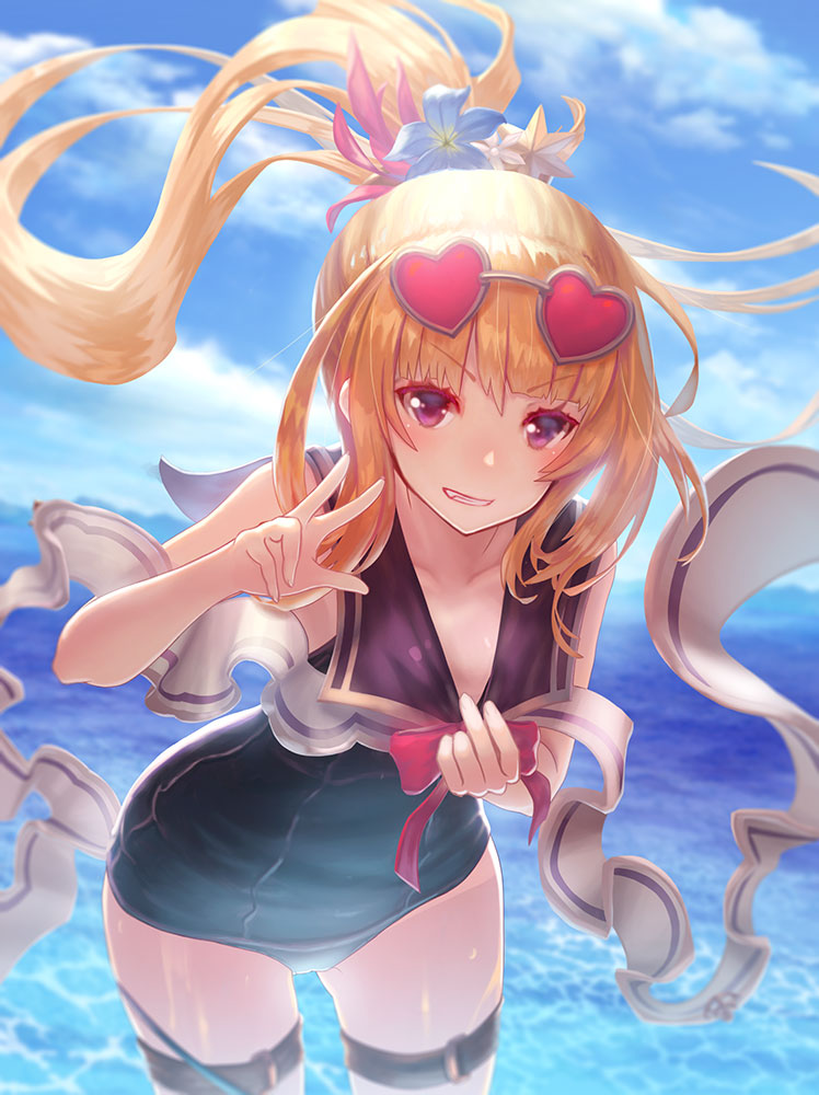 1girl bangs black_sailor_collar black_swimsuit blonde_hair blue_flower blue_sky blurry blurry_background cagliostro_(granblue_fantasy) clouds collarbone cowboy_shot eyebrows_visible_through_hair fang flat_chest floating_hair flower granblue_fantasy grin hair_flower hair_ornament heart heart-shaped_eyewear leaning_forward long_hair looking_at_viewer ocean one-piece_swimsuit ponytail pulled_by_self red-framed_eyewear sailor_collar shiny shiny_hair shiny_skin sky smile solo standing sunglasses swimsuit swimsuit_pull tanaka_ken'ichi thigh_strap v-shaped_eyebrows very_long_hair violet_eyes w