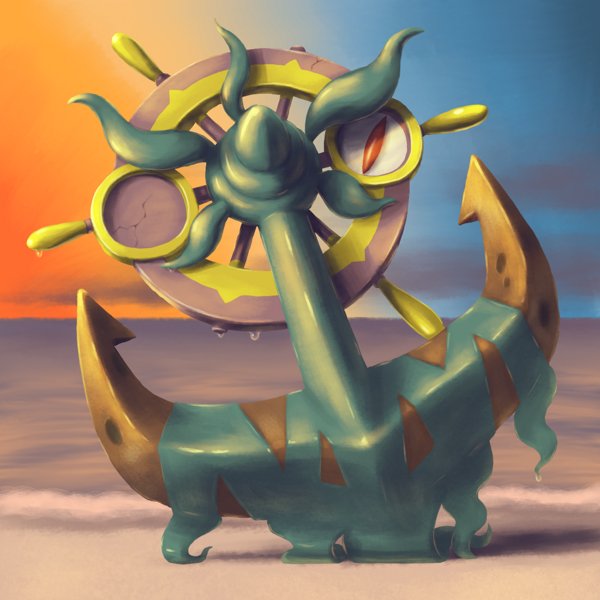 creature dhelmise full_body gen_7_pokemon looking_at_viewer mijinko_(barabadge) no_humans outdoors planted pokemon pokemon_(creature) sand sky solo