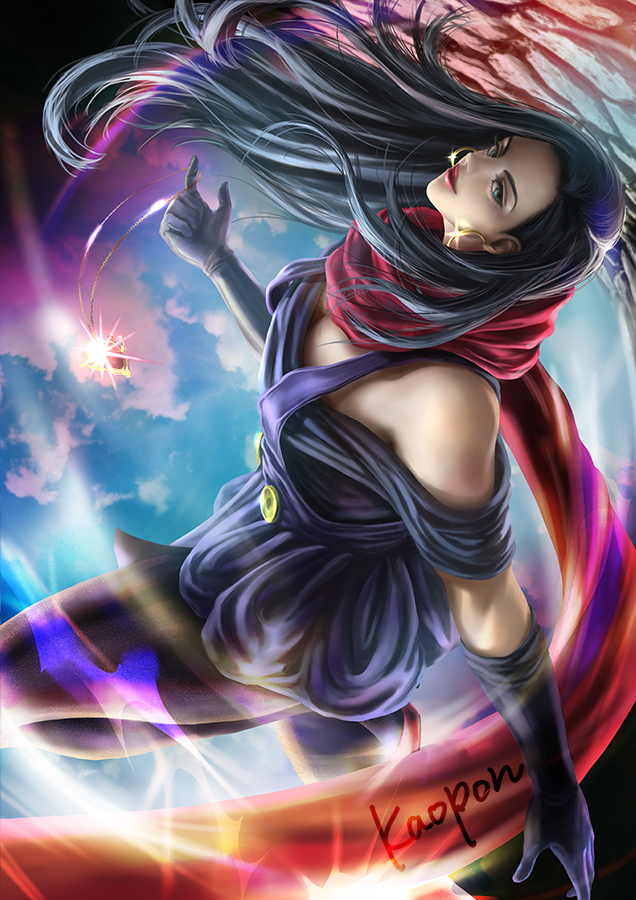 1girl bare_shoulders battle_tendency black_hair black_legwear blue_eyes blue_sky dress dutch_angle earrings elbow_gloves gloves hoop_earrings jewelry jojo_no_kimyou_na_bouken kaopon lipstick lisa_lisa long_hair makeup necklace purple_dress red_lips red_lipstick red_scarf scarf shiny sky