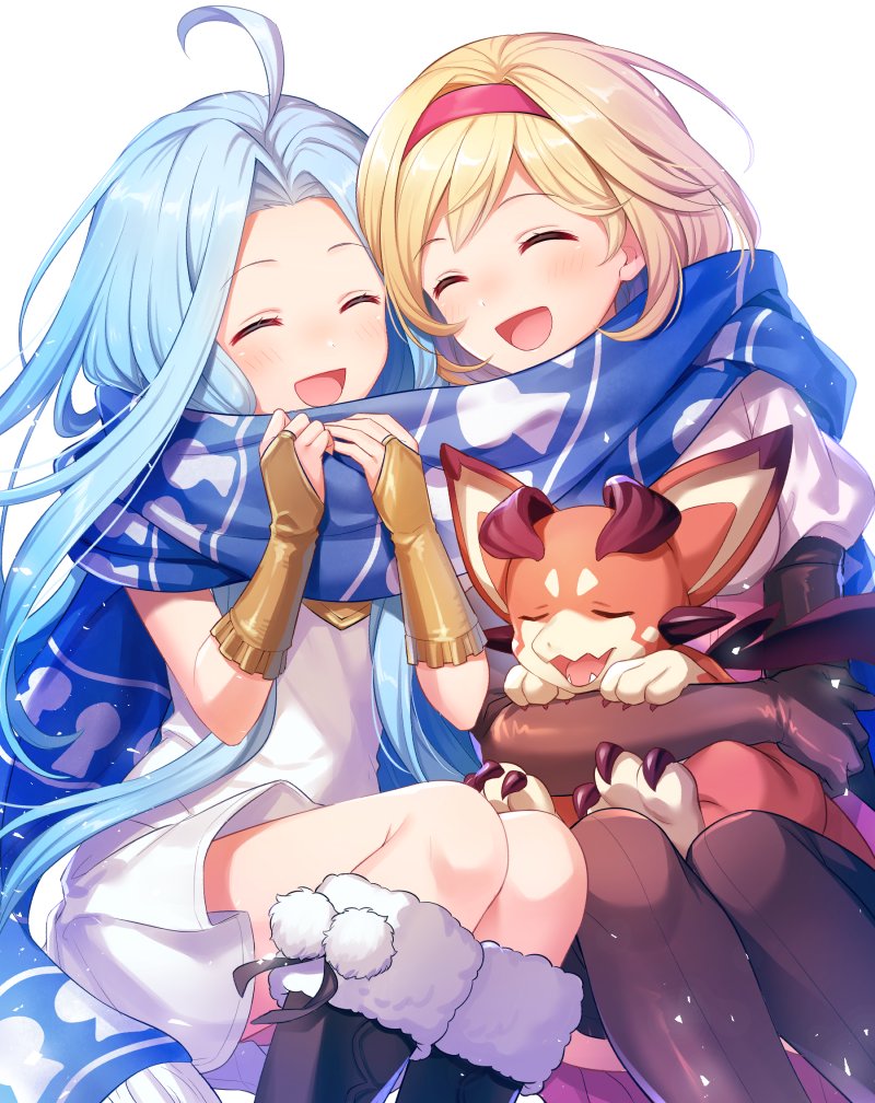 2girls ahoge blonde_hair blue_hair djeeta_(granblue_fantasy) dress fur_trim gloves granblue_fantasy headband kingyo_114 long_hair lyria_(granblue_fantasy) multiple_girls scarf shared_scarf short_hair sitting smile vee_(granblue_fantasy) white_background white_dress