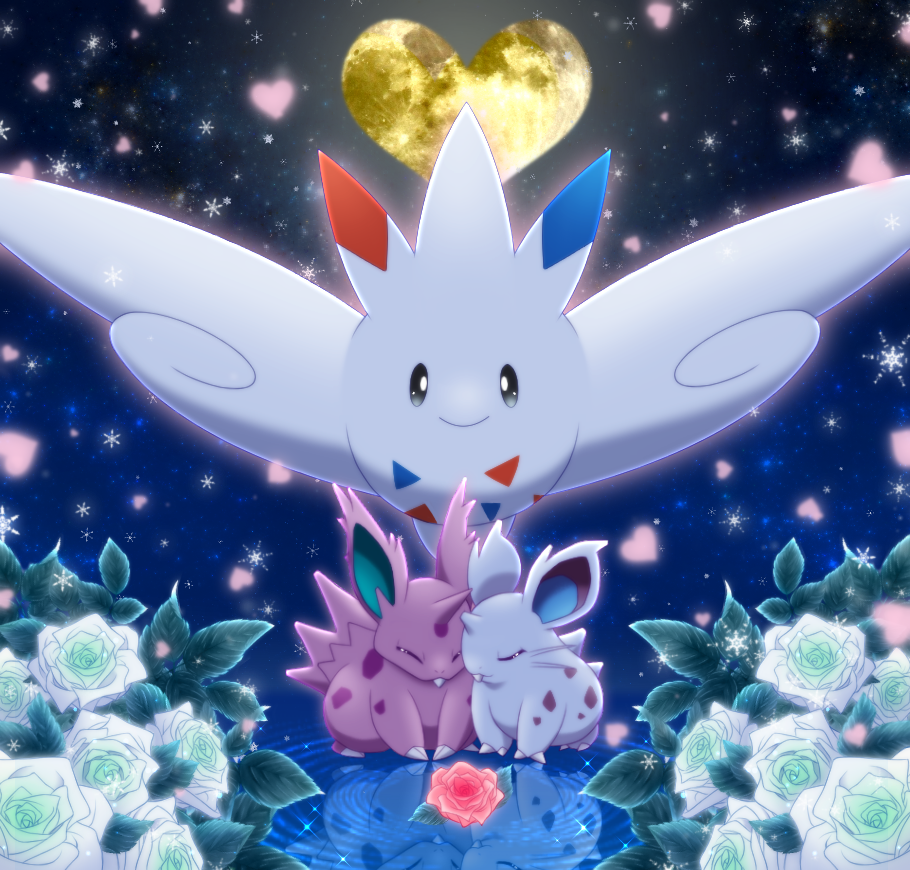 black_eyes claws closed_eyes couple creature facing_another flower flying full_body gen_1_pokemon gen_4_pokemon heart hetero looking_at_another maiko_(mimi) nidoran nidoran_(female) nidoran_(male) no_humans pokemon pokemon_(creature) rose smile snowflakes togekiss white_flower white_rose