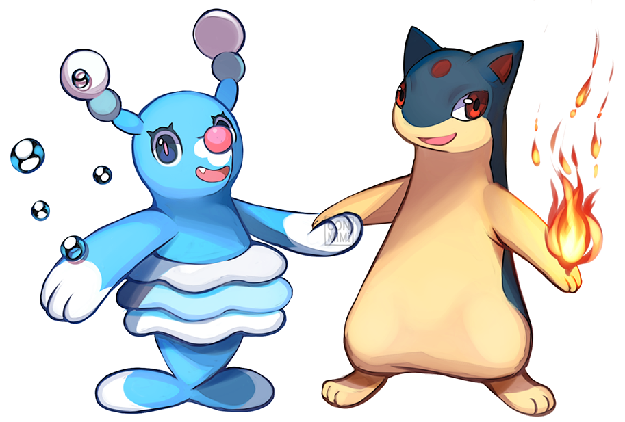:d brionne brown_eyes bubble commentary conmimi creature english_commentary fang fire flame full_body gen_2_pokemon gen_7_pokemon happy looking_at_viewer no_humans open_mouth pokemon pokemon_(creature) quilava simple_background smile standing violet_eyes white_background