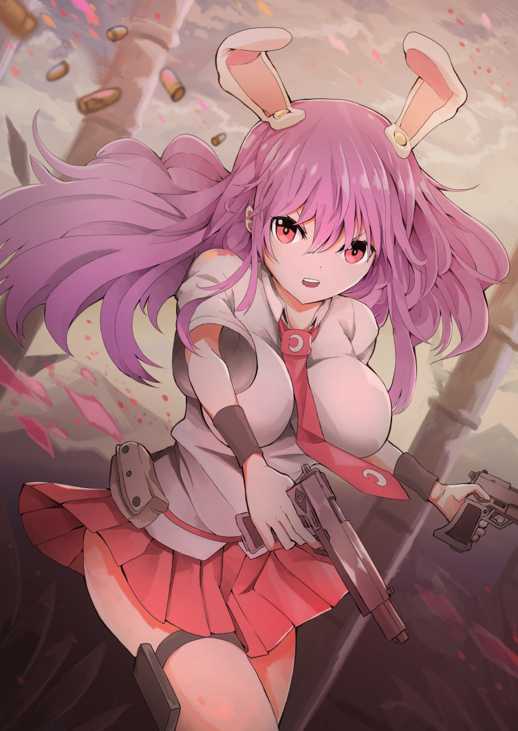 1girl animal_ears bangs blouse breasts bullet collared_blouse crescent_print fighting floating_hair gun holding holding_gun holding_weapon holster lavender_hair long_hair miniskirt necktie ooru_(t20nozomu) pink_skirt pleated_skirt purple_hair rabbit_ears red_eyes red_neckwear reisen_udongein_inaba serious skirt touhou weapon white_blouse wristband