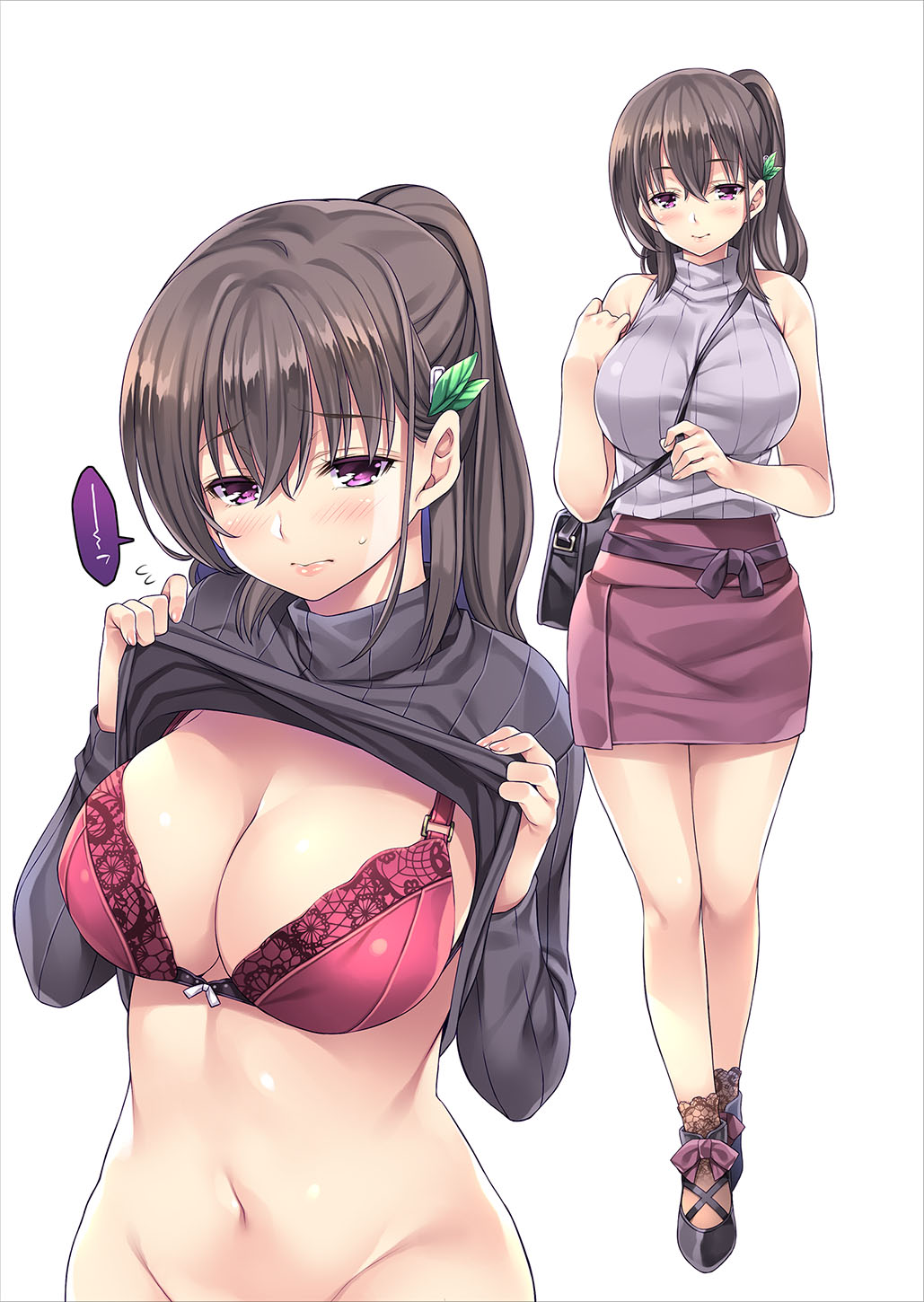 1girl 3: bag bangs bare_shoulders blush bottomless bra breasts brown_hair casual clothes_lift commentary_request eyebrows_visible_through_hair flying_sweatdrops full_body grey_sweater groin hair_ornament hairclip highres lace lace-trimmed_bra lace-trimmed_legwear large_breasts lifted_by_self long_hair long_sleeves looking_at_viewer mizuhara_yuu multiple_views navel original pencil_skirt red_bra ribbed_sweater ribbon shoes shoulder_bag simple_background skirt sleeveless sleeveless_turtleneck socks stomach sweater sweater_lift turtleneck turtleneck_sweater underwear violet_eyes white_background