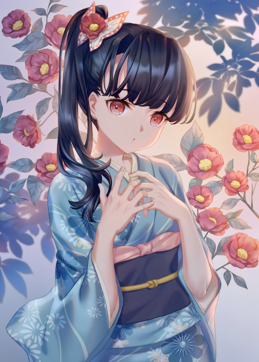 1girl :o bangs black_hair blue_kimono blunt_bangs butterfly_hair_ornament curious floral_background floral_print flower flower_request hair_flower hair_ornament hair_over_shoulder highres japanese_clothes kimetsu_no_yaiba kimono littleamber long_sleeves looking_at_viewer obi red_eyes red_flower sash side_ponytail solo tsuyuri_kanao upper_body