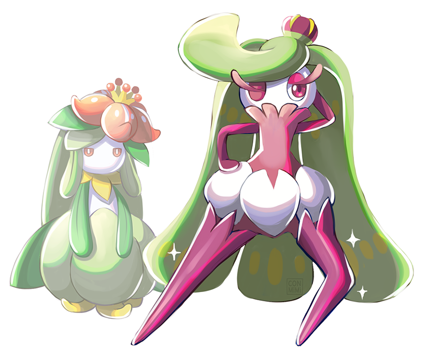 brown_eyes commentary conmimi creature dancing english_commentary eyelashes full_body gen_5_pokemon gen_7_pokemon lilligant looking_at_another no_humans one_eye_closed pokemon pokemon_(creature) simple_background sparkle standing tsareena violet_eyes white_background